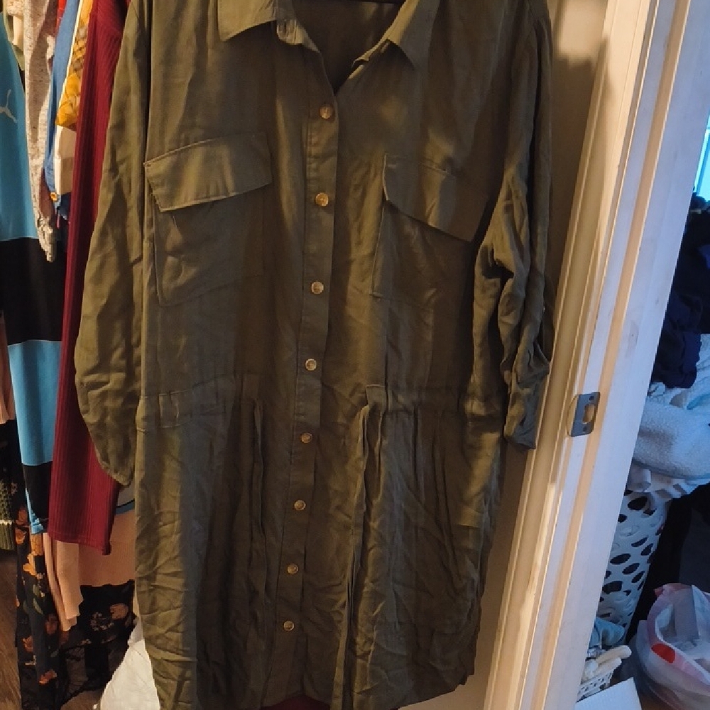 Army Green Button-Front Dress